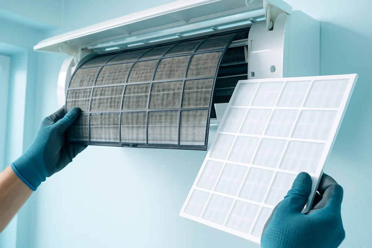 Air conditioner maintenance and tune-up illustration with a snowflake motif